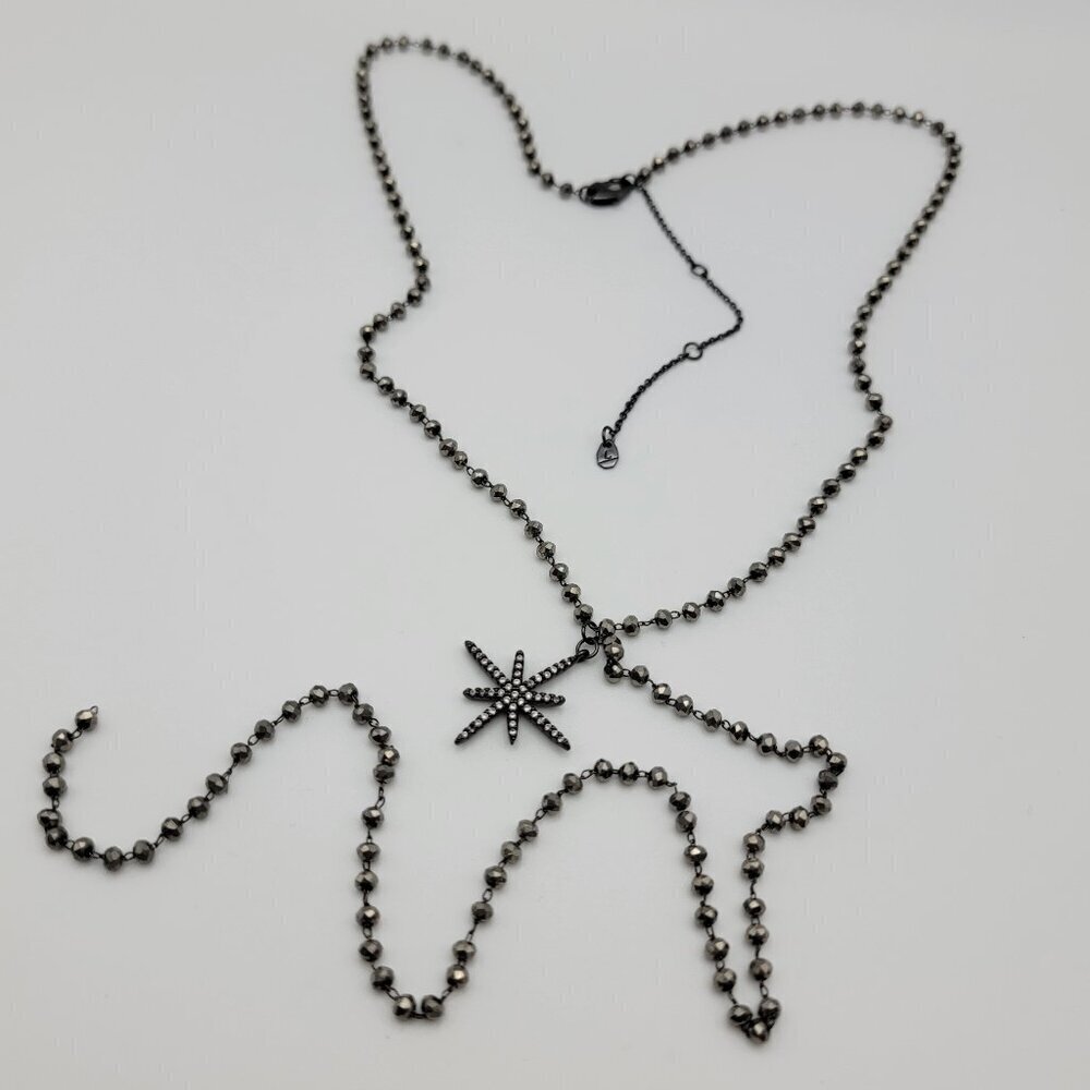 Gunmetal And Clear Crystal Starburst Charm Y-Drop Neckace 22.5 in Signed L